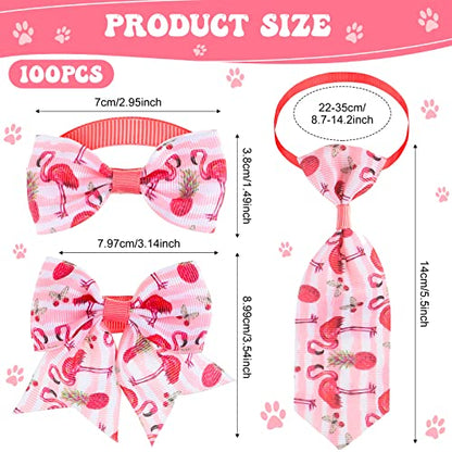 Reginary 100 Pieces Dog Bow Tie Collar Set Include 40 Dog Neckties, and 30 Puppy Bowties, 30 Collar Flowers, Adjustable Pet Ties Grooming for Small Medium Cats Pets Supply(Flamingo) - style: Flamingo