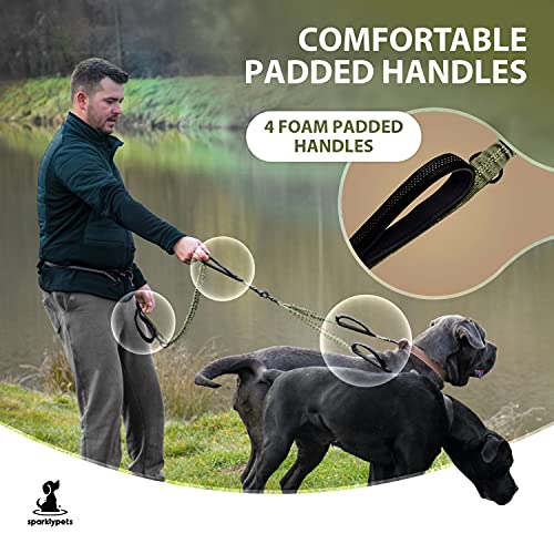 SparklyPets - Hands Free Dog Leash with Reflective Stitches - Waist Leash for Medium & Large Dogs Walking, Hiking, Training, Jogging, Canicross, Running - color: Olive Green, size: 2 dogs M/L