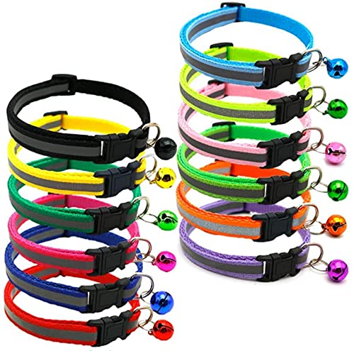 Cat Collar with Bell - 12pcs Mixed Colors Reflective Collars for Cats or Small Dogs, Soft Nylon, Neck 7.8" - 13"
