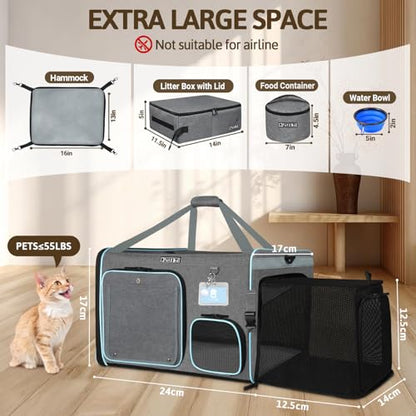 Petskd Side Expandable Extra Large Cat Car Carrier with Collapsible Litter Box for Long Distance Travel,24"x17"x17" Portable Soft Sided Pet Carrier with Roller Shades for 2 Cats Up to 55LBS(Grey) - color: grey