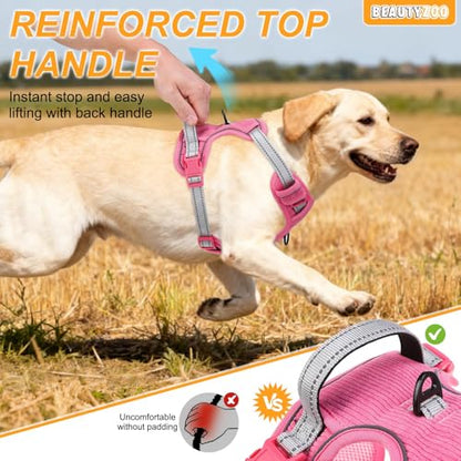 BEAUTYZOO No Pull Dog Harness Large, Adjustable Dog Harness and Leash Set -Easy Wearing with 3 Buckles/Control Handle,No Choke Soft Padded Reflective Pet Vest for Training Walking Hiking,Rose S - color: Solid Rose, size: S: chest 14"-24"