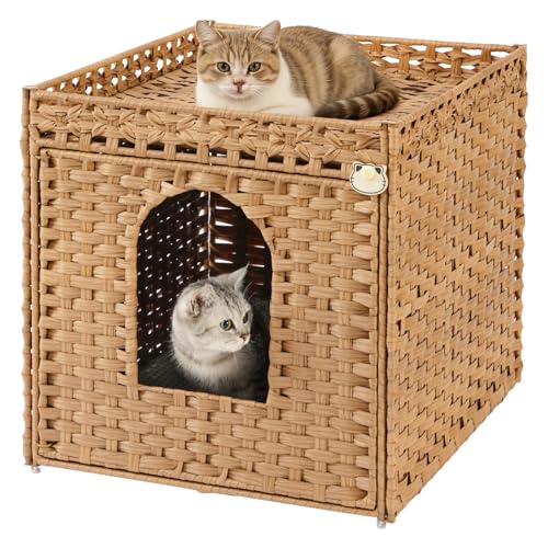 SETVSON Cat Litter Box Enclosure Furniture, Large Hidden Litter Box Furniture, Handwoven Rattan Cat House Cabinet, One Mat, Two S-Shaped Hooks, Living Room, Apartment 21.6 X 26 X 21.6 Inches, Natural - color: Natural, size: XL