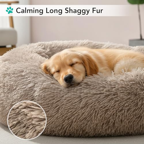 PetAmi Calming Dog Bed for Small & Medium Dogs and Cats, 23 Round Donut Dog Bed, Washable Fluffy Faux Fur Puppy & Cat Bed, Anti-Anxiety Plush Cuddler Pet Bed with Anti-Slip Bottom - Taupe - color: Taupe, size: Small - 23"