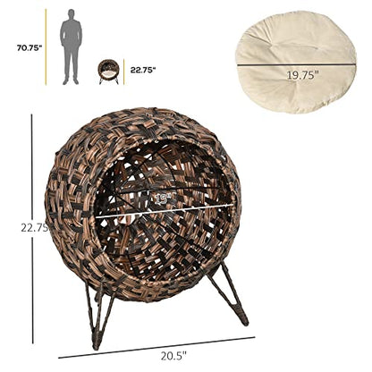 PawHut 20.5" Weaved Cat Bed, Elevated Hand-Woven Braided Banana Leaf Kitten House Condo with Cushion, Brown - color: Brown