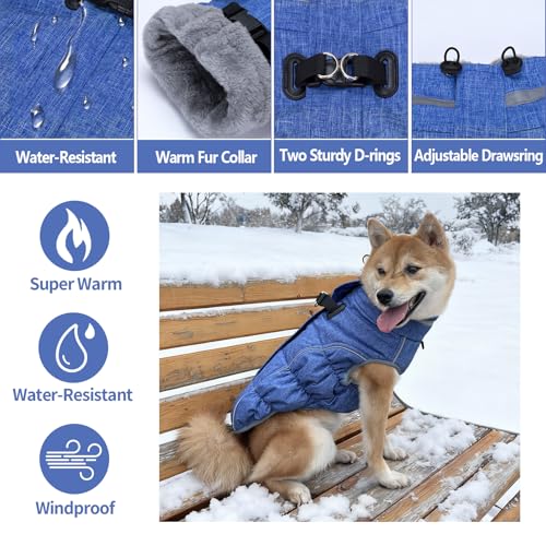 Dog Coat, Reflective Dog Jacket Waterproof Windproof Puppy Cold Weather Coats with Harness Built in, Winter Extra Warm Pet Coat Fleece Vest for Small Large Pets and Puppy (Blue, XX-Large) - color: Blue, size: XX-Large