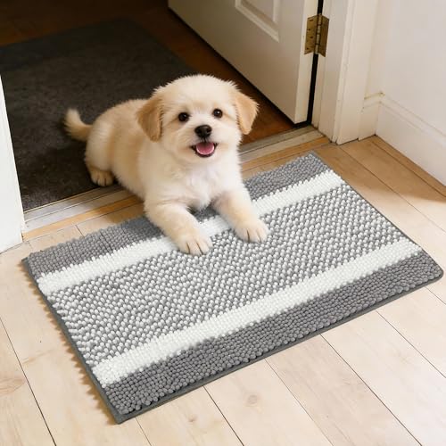 Dog Door Mat for Muddy Paws - Absorbent Quick-Dry Non-Slip Washable Chenille Pet Rug, Indoor Entryway Mat for Front Door & Crate (Gray White, 23" L*15" W) - color: Gray White, size: 24"L*16"W