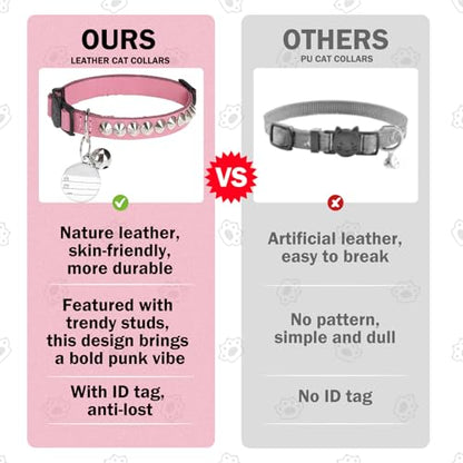Leather Personalized Breakaway Cat Collar with Studded Bell and Safety Quick Release Buckle - Rivets Studded ID DIY Collars for Boy Girl Cats Kittens, 9" - 11.5" Pink - color: Pink, size: 9"-11.5"
