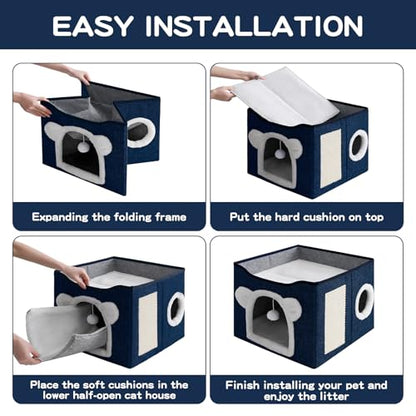 Cat House for Indoor Cats, Large Cat Bed Cave with Scratch Pad and Fluffy Ball, Foldable Cat Hideaway Condo, Kitten Bed, 16x16x13inch (Blue, Large) - color: Blue