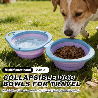 Purple Collapsible Dog Bowls with Carabiner 2-in-1 Foldable Slow Food Bowl(130g)&Water Bowl(320ml) for Dogs and Cats Travel - color: Purple
