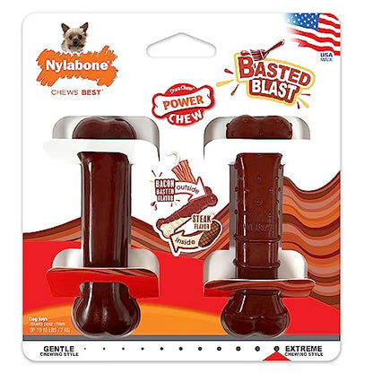 Nylabone Original & Textured Bone Power Chew Toy for Dogs, Durable & Tough Dog Toys for Aggressive Chewers, Basted Blast Bacon and Steak Flavor, X-Small Dogs - Up to 15 lbs, 2 Pack - size: X-Small
