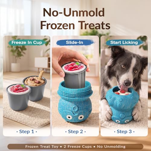3-in-1 Dog Frozen Treat Ball, Large Size, No-Transfer Fill & Freeze Lick Cup, Treat Dispenser & Tough Chew Toy, Long-Lasting Enrichment Toy for Dogs, Octopus-Shaped