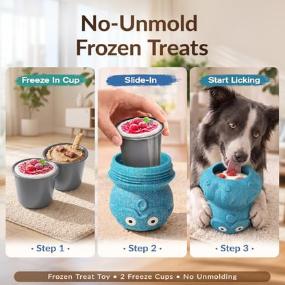 3-in-1 Dog Frozen Treat Ball, Large Size, No-Transfer Fill & Freeze Lick Cup, Treat Dispenser & Tough Chew Toy, Long-Lasting Enrichment Toy for Dogs, Octopus-Shaped