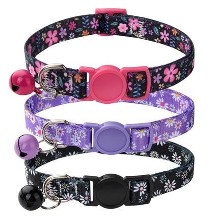 Cat Collar Breakaway with Bells, 3 Pack Girl Boy Pet Cat Collar with Bohemia Floral Tribal Geometric Patterns, Adjustable 7.5-12 Inch, with Safety Buckle for Kitten Cat(Set D) - color: Set D