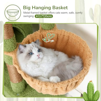 Globlazer Cactus Cat Tree Condo Tower for Indoor Cats, 52in Multi-Level Cat Scratching Tree with 2 Cat Condos, 5 Sisal Scratching Posts, 2 Padded Perches, Sturdy Basket, Widened Base, S52, Green - color: Cactus Green