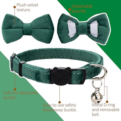 Cat Collar with Bow Tie 2pcs Set Bell Boy Girl Kitten Safety Plaid Grid Checkered Solid Color Suede Velvet Cute Soft Fluffy Gift B-[2pcs] Green - color: Style B-[2pcs] Green