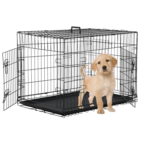 24 Inch Dog Crates for Small Dogs 20LB,Collapsible Dog Cage for Pet with Divider Panel Tray, Double-Door Puppy Crate for Dogs, Wire Pet Crate for Small Animals Indoor/Outdoor(Black) - color: Black, size: 24.0"L x 17.0"W x 19.0"H