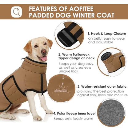 AOFITEE Dog Winter Coat, Waterproof Dog Jacket, Dog Coat with Harness Hole, Warm Fleece Dog Puffer Jacket, Reflective Windproof Dog Snowsuit for Small Medium Large Dogs, Dachshund, French Bulldog, L - color: Brown, size: Large