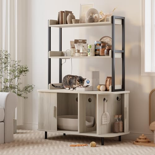 ONBRILL 54 Inch Hidden Litter Box Furniture with Shelves and Outlets,Fluted Cat Litter Box Enclosure, Mid-Century Modern Wooden Cat House with Sliding Tambour Door and Hooks, White - color: White