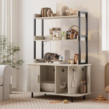 ONBRILL 54 Inch Hidden Litter Box Furniture with Shelves and Outlets,Fluted Cat Litter Box Enclosure, Mid-Century Modern Wooden Cat House with Sliding Tambour Door and Hooks, White - color: White