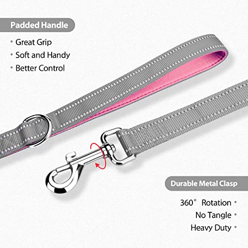 PHOEPET 5 Feet Dog Leash - Dual-Side Reflective - Soft Padded Handle - Fit for Walking, Training or Exploring Hiking, Camping (Grey + Baby Pink Base) - color: Grey + Baby Pink Base