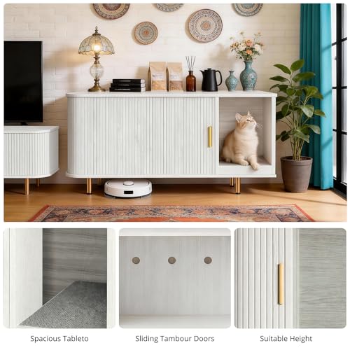Cat Litter Box Enclosure with Scratch Pad, Sliding Door, 38.5" Cat Litter Furniture Hidden Litter Box Cabinet, Modern Indoor Cat House, TV Stand, Side End Table for Living Room (White) - color: White
