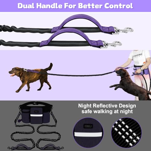 Heavy Duty Hands Free Dog Leash with Zipper Pouch for Two Dogs, Waist Belt for Large Medium Dogs for Running, Walking, Jogging and Hiking, Dual Padded Handles and Durable Bungee (2 Dog Purple) - color: 2 Dog Purple