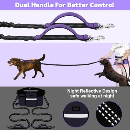 Heavy Duty Hands Free Dog Leash with Zipper Pouch for Two Dogs, Waist Belt for Large Medium Dogs for Running, Walking, Jogging and Hiking, Dual Padded Handles and Durable Bungee (2 Dog Purple) - color: 2 Dog Purple
