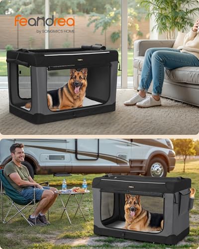 Feandrea Collapsible Dog Crate, 42-Inch Portable Dog Travel Crate for Large Dogs, Oxford Fabric Pet Carrier with 4 Mesh Doors, Handles, Storage Pocket, Water Bottle Holder, Ink Black UPDC021B01 - size: XXL（42"L x 28"W x 28"H）