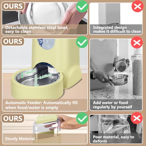 HWONMTE Portable Automatic Cat Feeder and Water Dispenser with Stainless Steel Bowl Dog Gravity Food Feeder and Waterer for Small Medium Pets Puppy Kitten 1 Gallon x 2 (Cream Yellow) - color: Cream Yellow