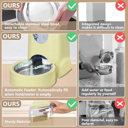 HWONMTE Portable Automatic Cat Feeder and Water Dispenser with Stainless Steel Bowl Dog Gravity Food Feeder and Waterer for Small Medium Pets Puppy Kitten 1 Gallon x 2 (Cream Yellow) - color: Cream Yellow