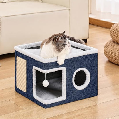 LUMIXA Large Cat Bed House & Hideaway - Warm Fluffy Indoor Cat Cave with Removable Washable Cushion, Non-Slip Bottom, Scratch Pad & Toy Ball for Big Cats/Kittens, Foldable Cat Condo (Blue) - color: blue