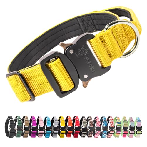 TSPRO Premium Dog Collars Tactical Dog Collar with Handle and Heavy Duty Quick-Release Metal Buckle Durable Thick and Adjustable for Medium to Large Dogs (Yellow M) - color: Basic Yellow, size: Handle-Equipped M (14.5"-18" Adjustable)