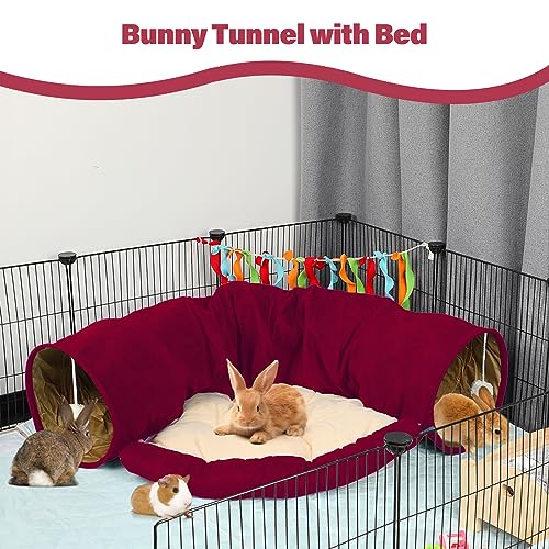 BWOGUE Bunny Tunnel Bed, 2-in-1 Collapsible Tunnel Tubes Toys with Removable Mat Hideout for Cats Kittens Rabbits Guinea Pigs Kitty - color: Red