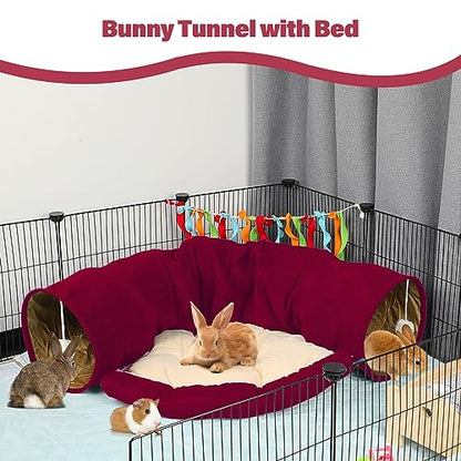 BWOGUE Bunny Tunnel Bed, 2-in-1 Collapsible Tunnel Tubes Toys with Removable Mat Hideout for Cats Kittens Rabbits Guinea Pigs Kitty - color: Red