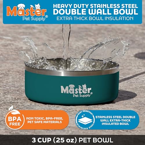 Master Pet Supply Stainless Steel Dog Bowls - 25 oz, Heavy Duty - Emerald Sea, Double Wall Extra-Thick Insulated, Non-Slip Pet Water Bowl for Dogs, Cats & Pets, Anti Rust Metal, Dish Washer Safe - color: Emerald Sea, size: 3 Cups (25 oz)