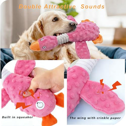 Squeaky Dog Toys for Aggressive Chewers, Durable Stuffed Animal Plush Dog Toy with Soft Fabric for Large, Medium & Small Dogs, Interactive Puppy Chew Toy for Teething, Crinkle Duck Dog Toy - Pink - color: PINK