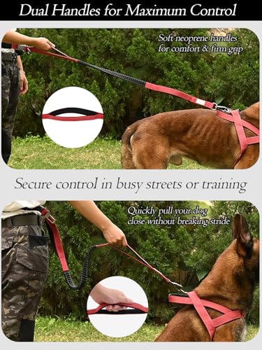 Hands Free Dog Leash with Zipper Pouch & Waist Belt – Reflective Durable Bungee Leash with Dual Padded Handles for Walking, Jogging & Running, Fits Small to Large Dogs (Red) - color: Red