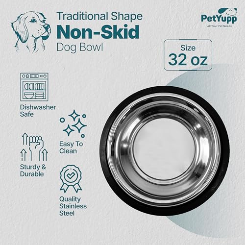 Stainless Steel Non Skid Dog Bowl – Non-Slip Rubber Base, Rust-Proof & Dishwasher Safe – Durable Food and Water Bowl for Dogs and Cats – 32oz - size: Non Skid Bowl - 32 oz