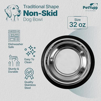 Stainless Steel Non Skid Dog Bowl – Non-Slip Rubber Base, Rust-Proof & Dishwasher Safe – Durable Food and Water Bowl for Dogs and Cats – 32oz - size: Non Skid Bowl - 32 oz