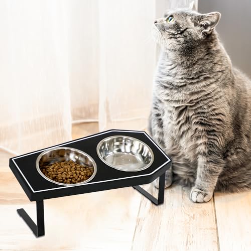Cat Food Bowls Elevated, Gothic Cat Bowls, Raised Cat Bowls for Indoor Cats with Non-Slip Stand & Wood Board, Stainless Steel and Whisker Friendly Food Bowls - size: Cat Bowls x2