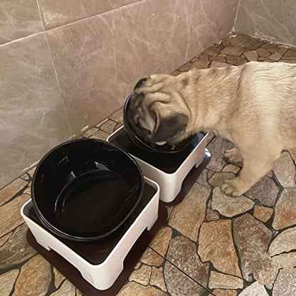 Ceramic Bulldog Bowl Dog Feeding Bowl - Dog Dish Wide Mouth Pet Sterile Tilted Pet Feeder with Anti-Skid Rubber Mat for Small Medium Dogs (Black) - color: Black