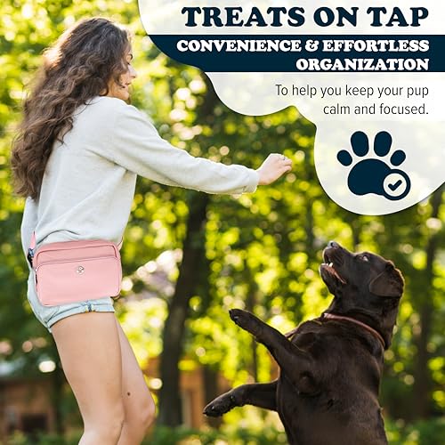 Puppington 3-in-1 Crossbody Dog Treat Pouch for Pet Training - Compostable Poop Bags, Built-In Poop Bag Dispenser, Slow-Feeding Travel Dog Bowl & Reflective Leash - Dog Walking Bag (Blush Pink) - color: Blush Pink