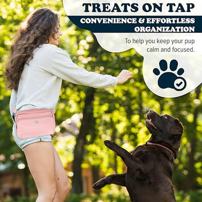 Puppington 3-in-1 Crossbody Dog Treat Pouch for Pet Training - Compostable Poop Bags, Built-In Poop Bag Dispenser, Slow-Feeding Travel Dog Bowl & Reflective Leash - Dog Walking Bag (Blush Pink) - color: Blush Pink