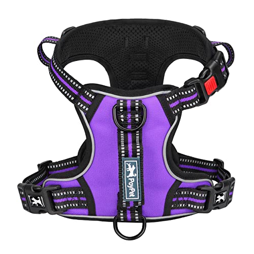 PoyPet No Pull Dog Harness, No Choke Front Clip Reflective Dog Vest with Soft Padded Vertical Handle, 3 Leash Attachments for Small Medium Large Dogs (Purple,L) - color: Purple, size: Large