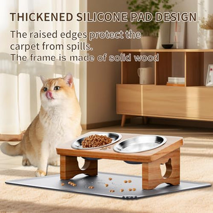 Elevated Cat Bowls with Silicone Mat, 15° Tilted Solid Wood Stand, Raised Stainless Steel Food & Water Dishes for Cats and Small Dogs, Anti-Vomiting Design(Teak) - color: Teak