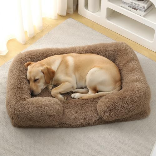 Orthopedic Dog Bed for Medium Dogs - Washable Memory Foam Pet Sofa, Fluffy Plush Rectangular Bed, Waterproof Anti-Anxiety Couch, Khaki, M - color: Khaki, size: 22"L x 18"W x 5"Th