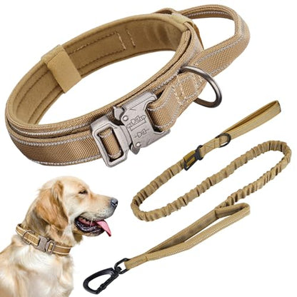 Heavy Duty Tactical Dog Collar and Leash Set, Military Training Nylon Reflective Collar with Handle Metal Buckle for Medium Large Dogs, Brown,M (1 Patch Included) - color: Reflective Collar Brown Set, size: Medium