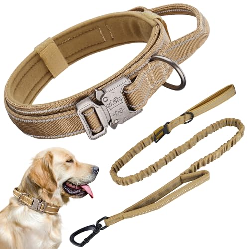 Heavy Duty Tactical Dog Collar and Leash Set, Military Training Nylon Reflective Collar with Handle Metal Buckle for Medium Large Dogs,Brown, XL (1 Patch Included) - color: Reflective Collar Brown Set, size: XL
