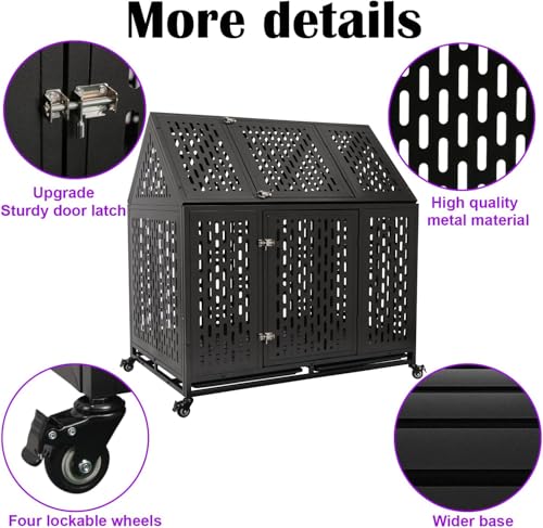 44 inch Heavy Duty Indestructible Dog Crate, Steel Escape Proof Chewproof Impact Double Door Dog Kennel for Large Medim Dogs with Wheels and Trays, High Anxiety Large Dog Cage, XL - size: 43.3"L x 29.7"W x 46.3"H