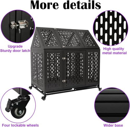 44 inch Heavy Duty Indestructible Dog Crate, Steel Escape Proof Chewproof Impact Double Door Dog Kennel for Large Medim Dogs with Wheels and Trays, High Anxiety Large Dog Cage, XL - size: 43.3"L x 29.7"W x 46.3"H